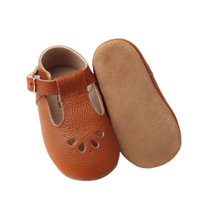 Caramel Colored Leather Shoes faux buckle closure petal cut out detail over toe sole view