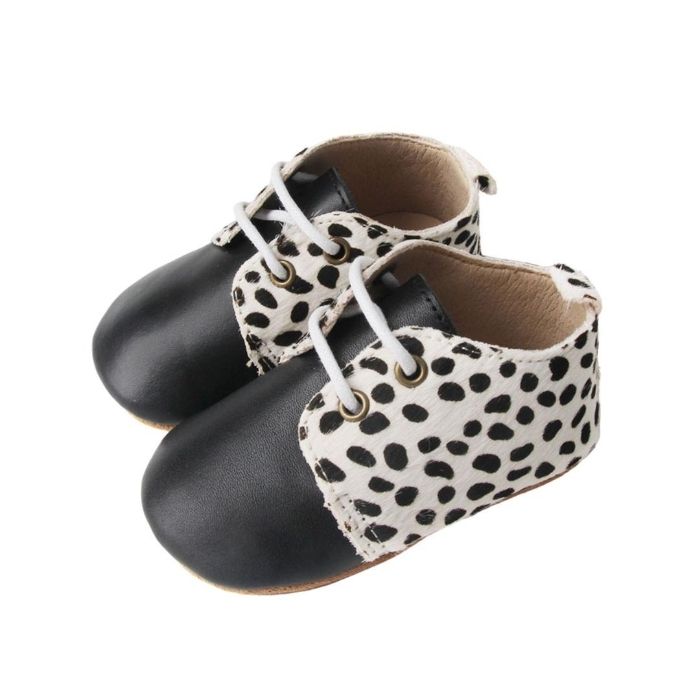 Black Toe with Animal Print Lapel Oxford Style Lace Up Boots Side View