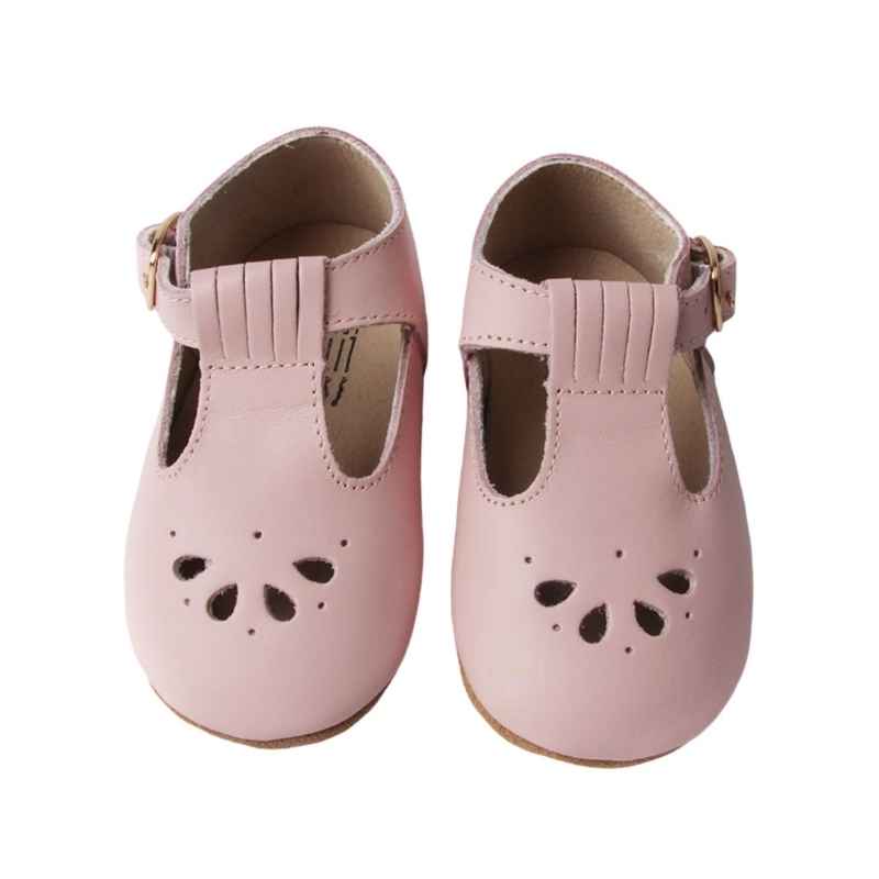 Pastel Pink T bar Leather shoes with petal shape cut out detail over toe top view