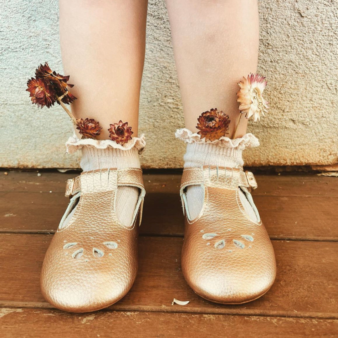 Rose Gold Tbar Shoes, worn with lace ankle socks.