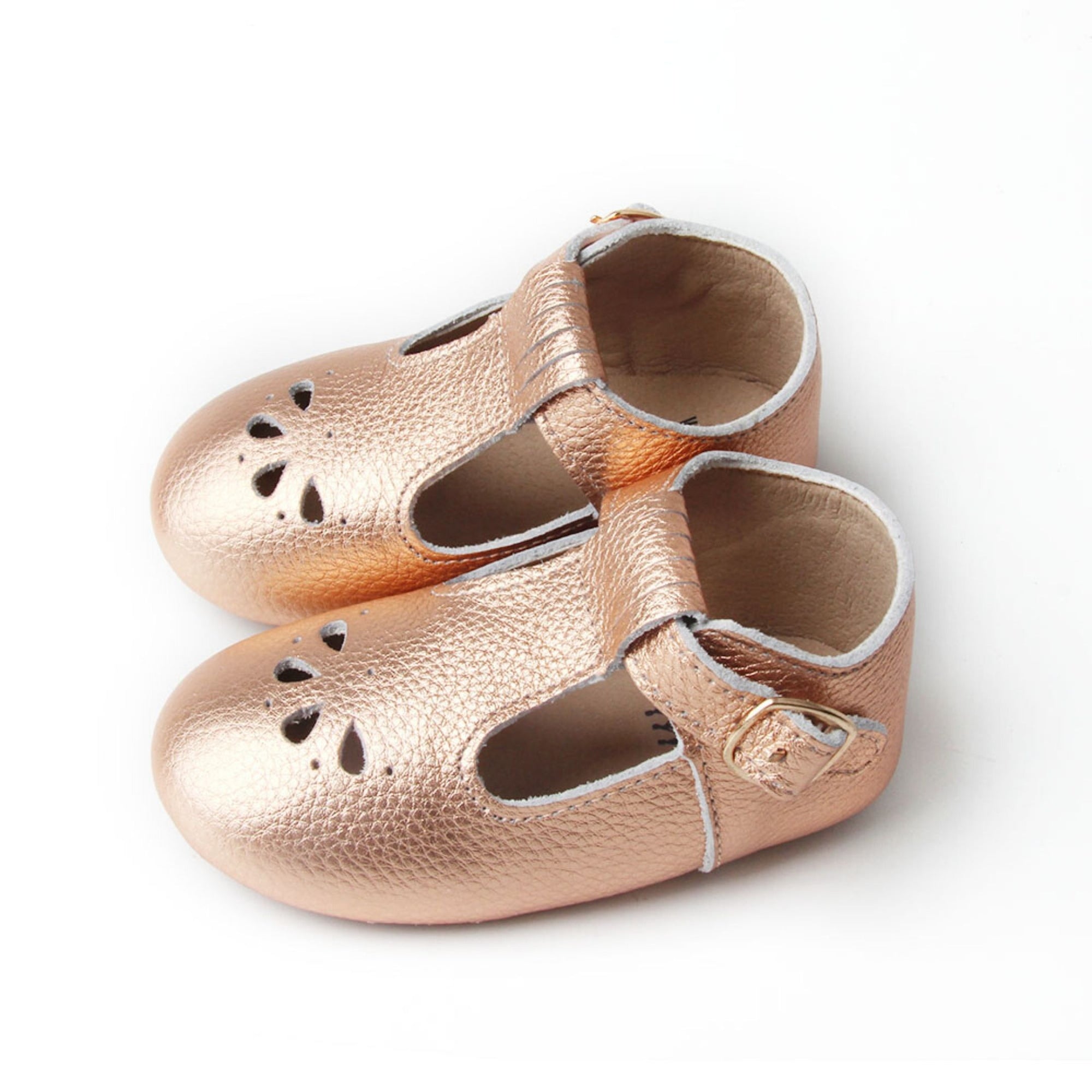 Rose Gold Leather Tbar Shoes Faux Buckles Petal detail over toes side view
