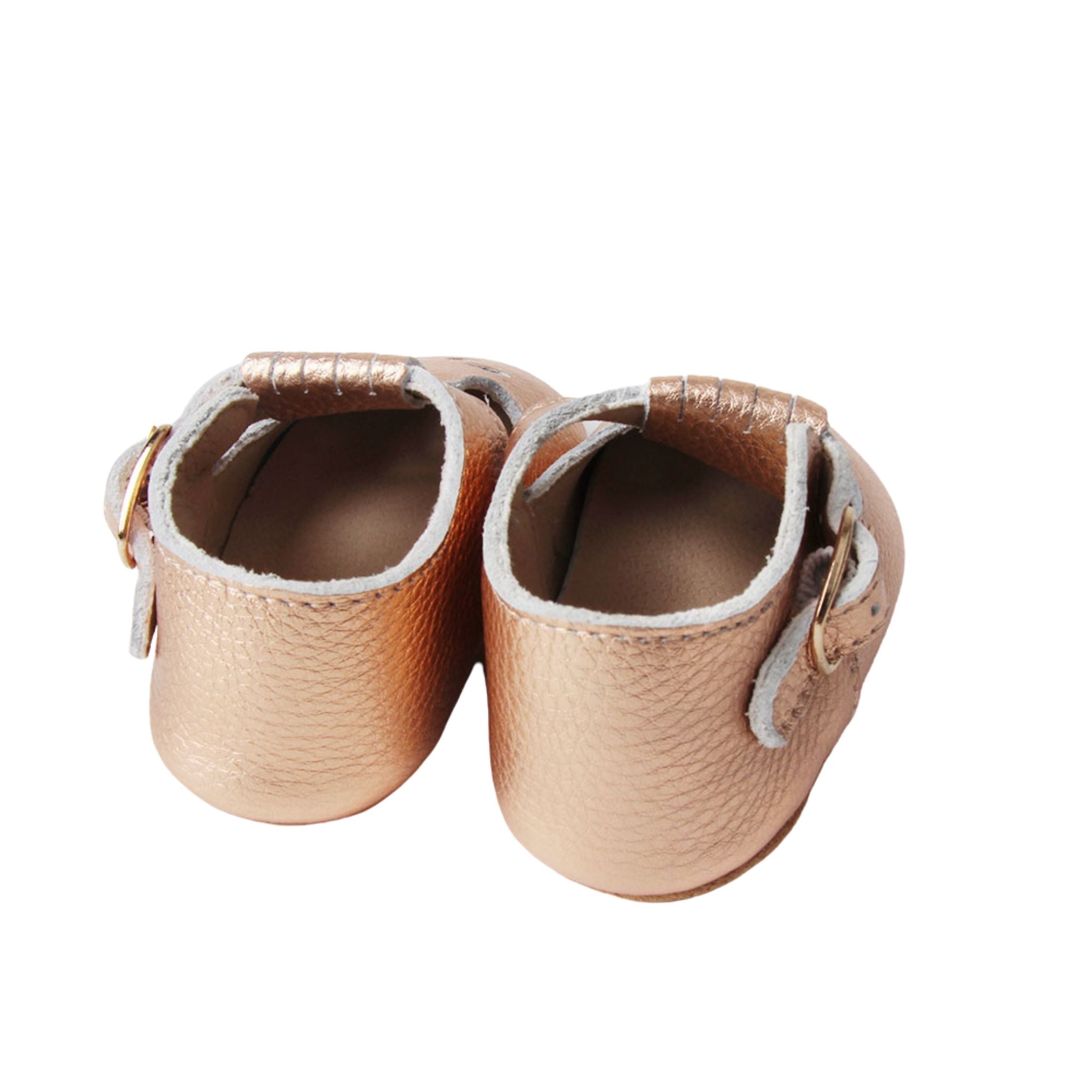 Rose Gold Leather Tbar Shoes Faux Buckles Petal detail over toes rear view