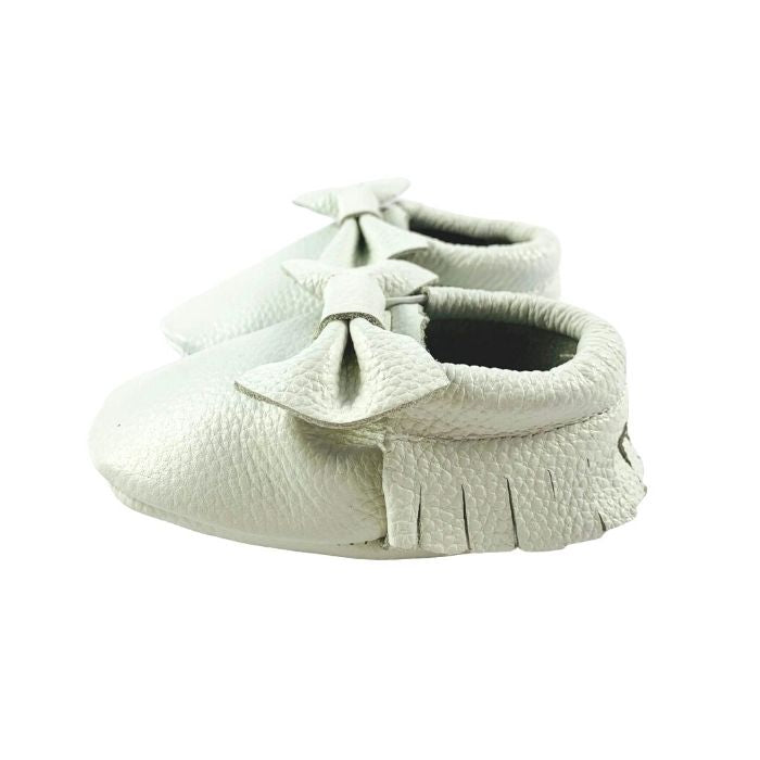 White Leather Bow Moccasin Side View 