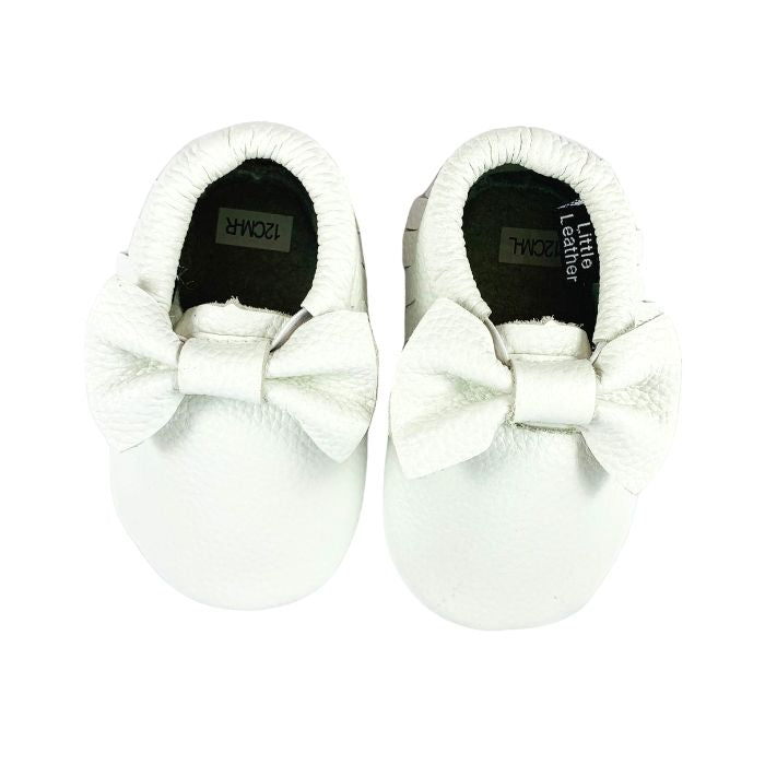 White Leather Bow Moccasin Above View 