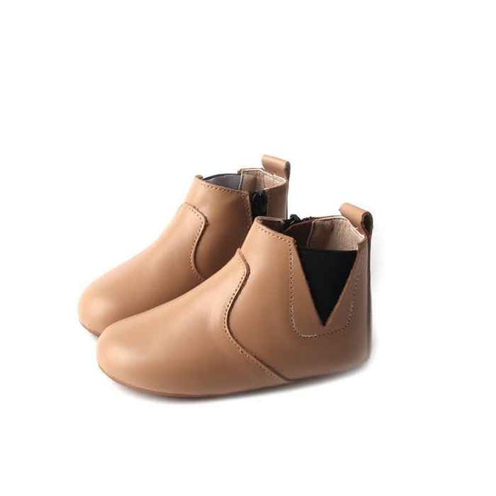 Leather toddler boots. Light Tan Colour. Side view. Elastic sided ankle. Inside ankle zip. Detail stitching over toe