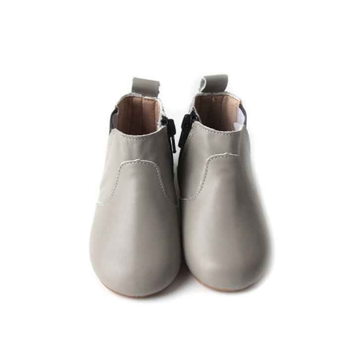 View from above soft grey leather toddler boots