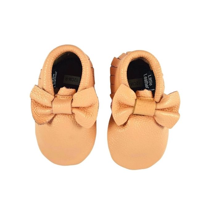Blush Pink Leather Bow Moccasins above view