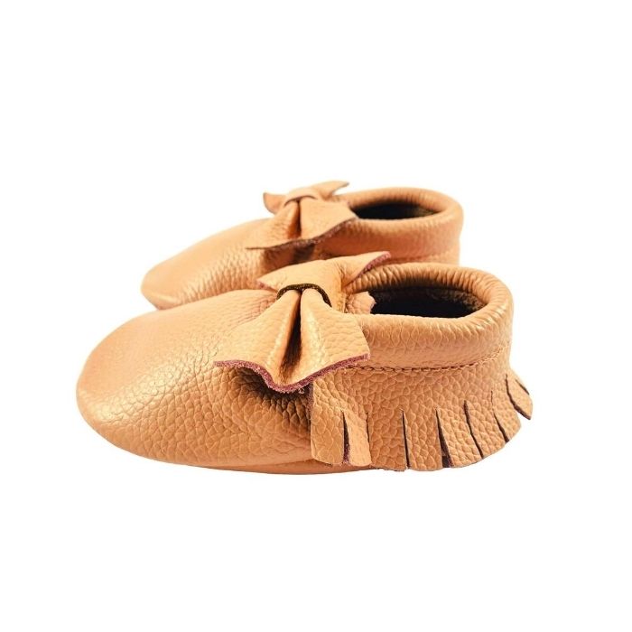 Blush Pink Leather Bow Moccasins side view