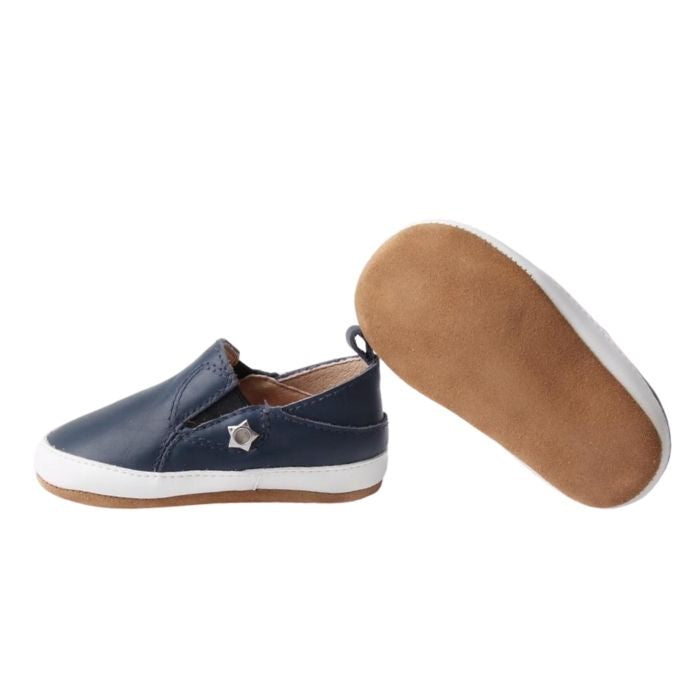 Navy Leather Toddler Shoes suede sole, pull on style sole view