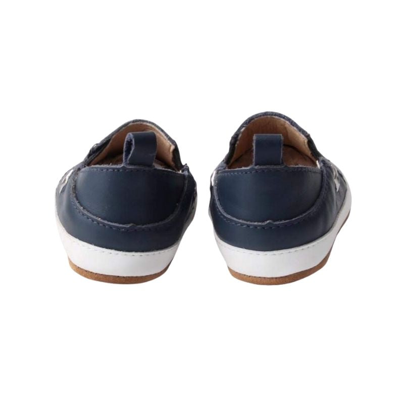 Navy Leather Toddler Shoes grip sole, pull on style rear view