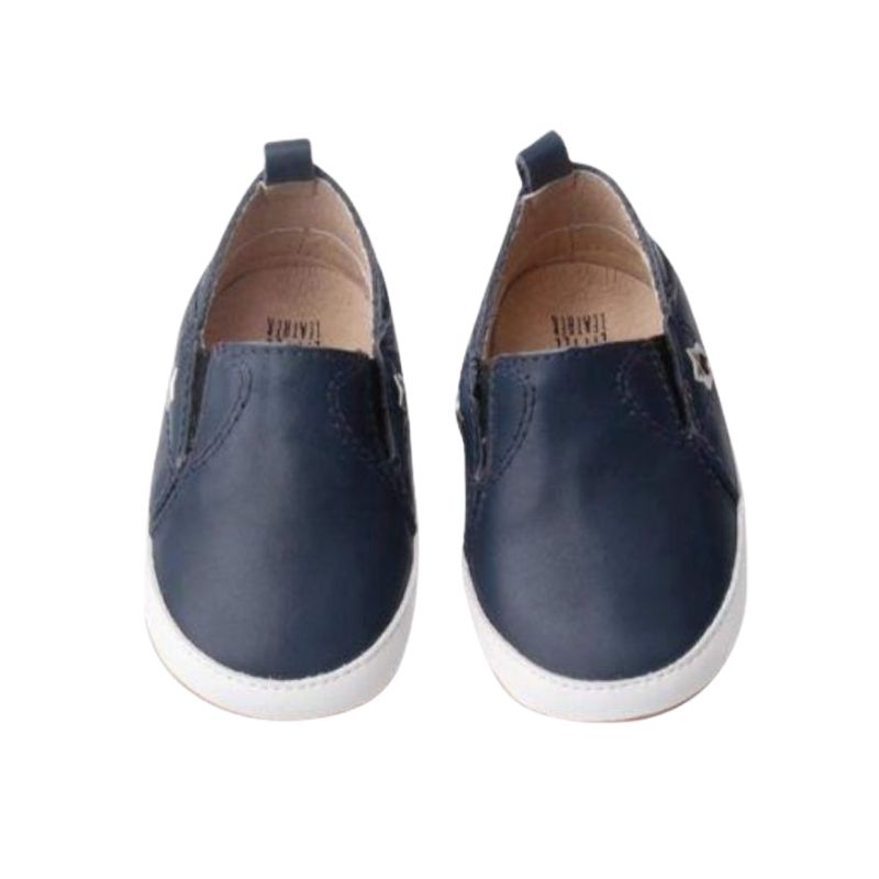 Navy Leather Toddler Shoes grip sole, pull on style top view