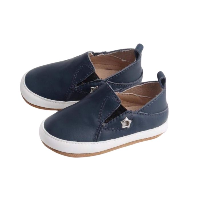 Navy Leather Toddler Shoes suede sole, pull on style side view