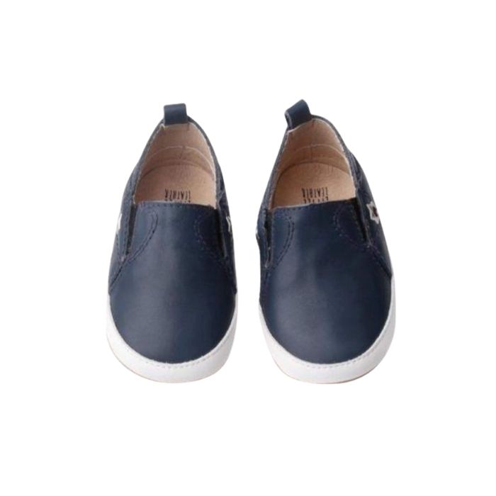 Navy Leather Toddler Shoes grip sole, pull on style top view